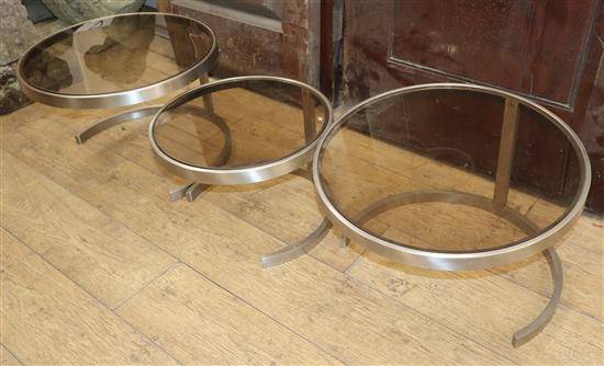 Three French 1970s glass and chrome tables W.52 and 42cm